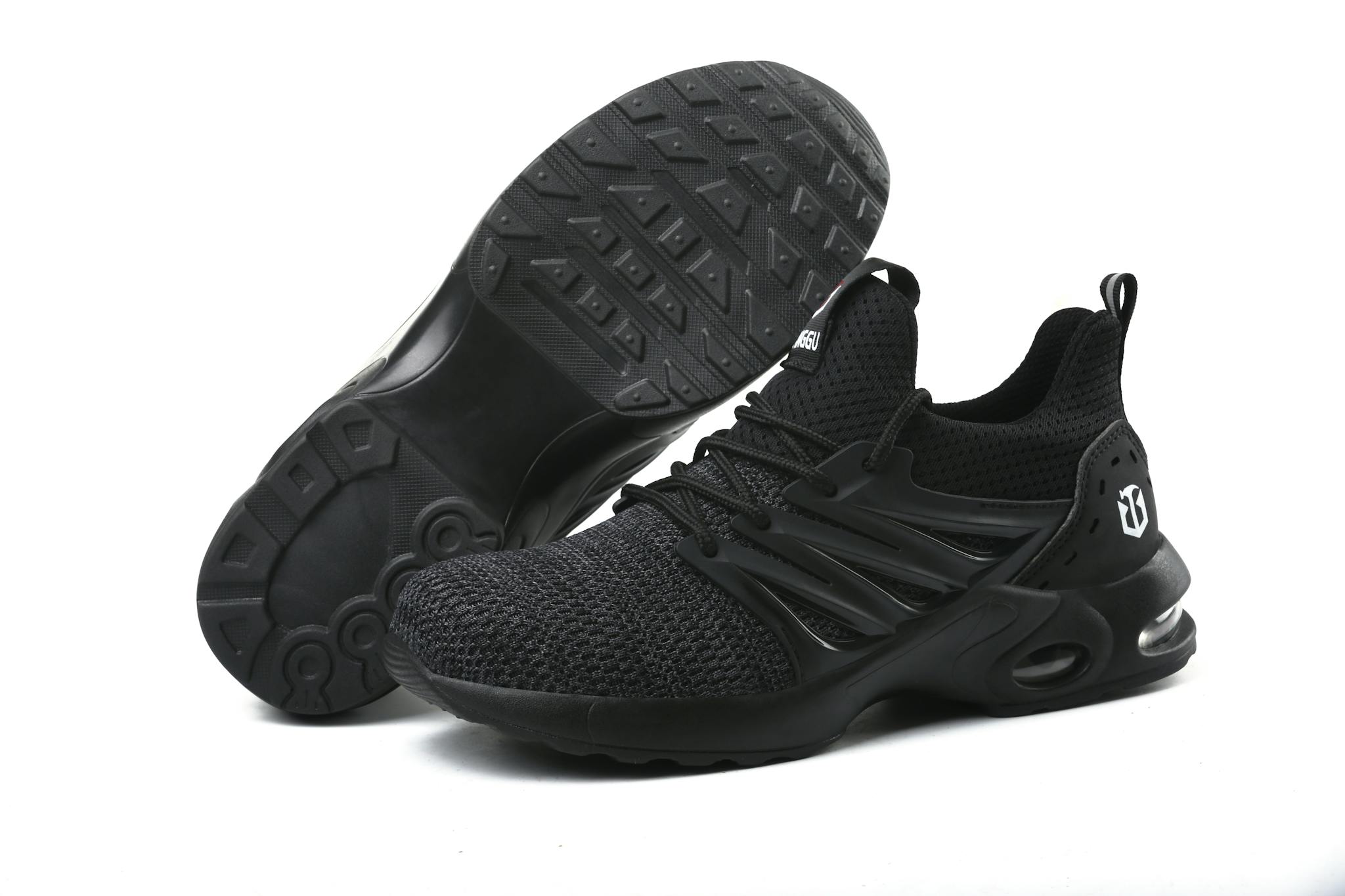 Stylish black running sneakers showcased on a minimalistic white background.